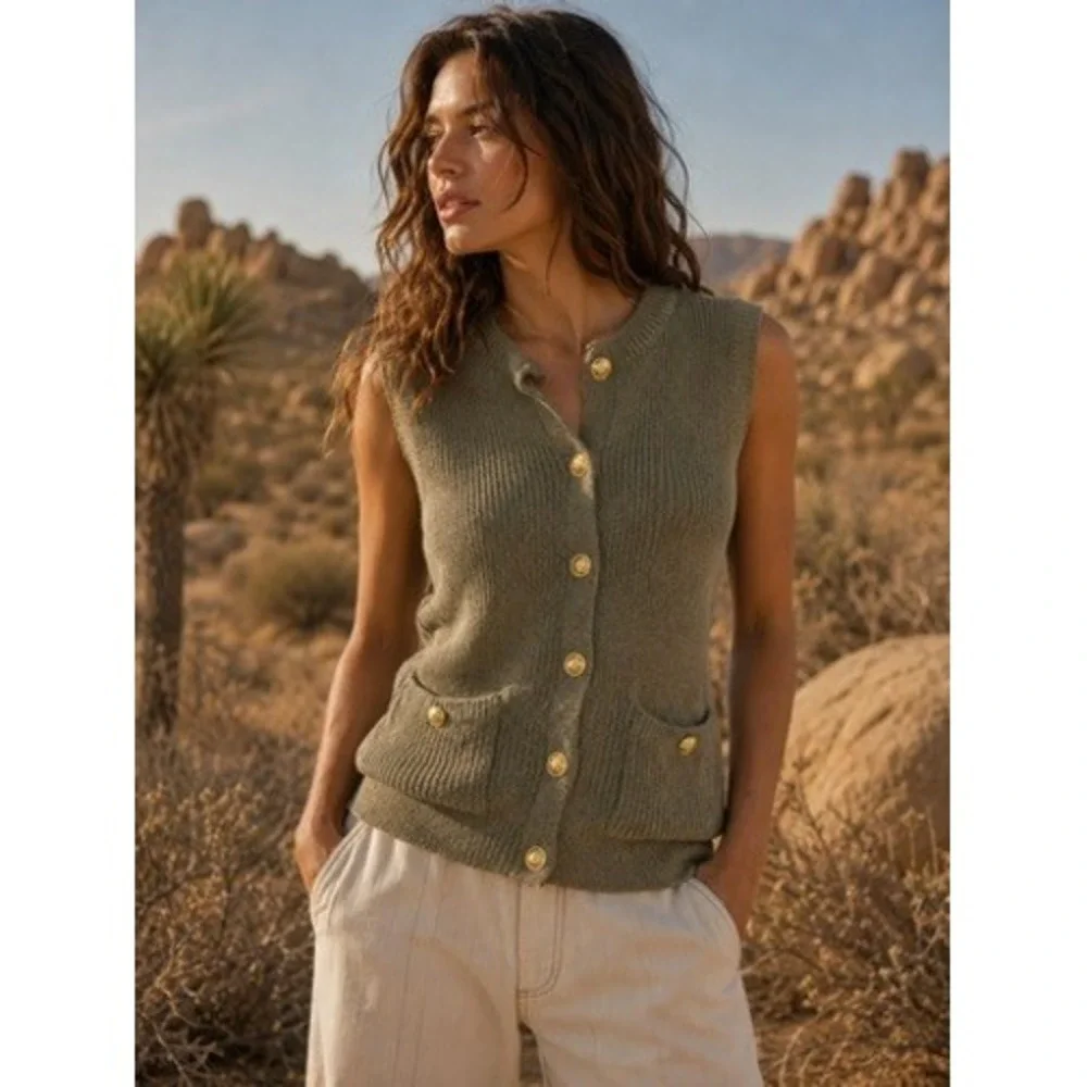 Song of Style Olive Green Knit Vest Gold Button Front Cardigan Sleeveless XS